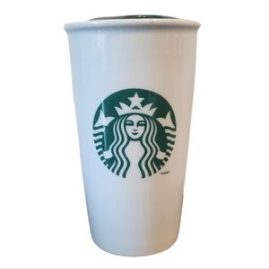 Starbucks 12 Tumbler Ceramic Travel Coffee Mug Lid  Mermaid Siren White Green